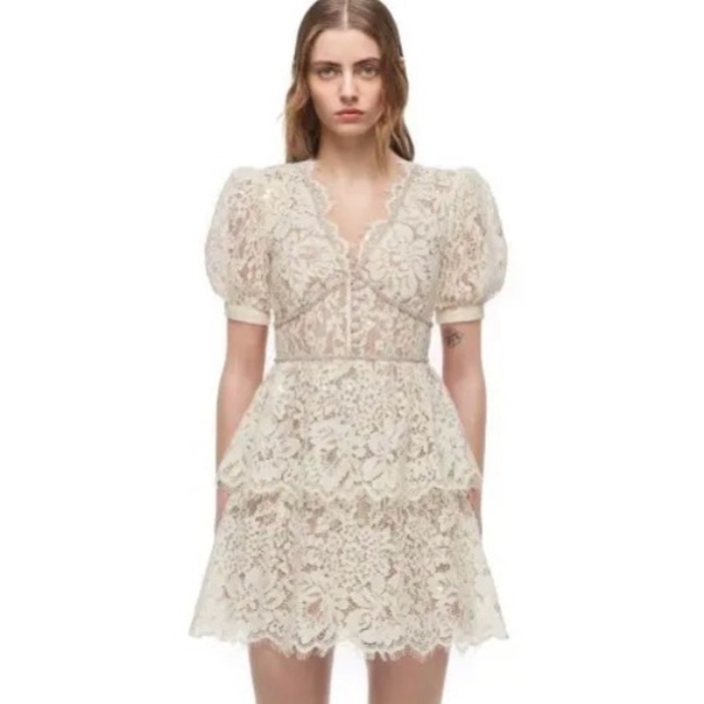Self-portrait cream embellished lace mini dress